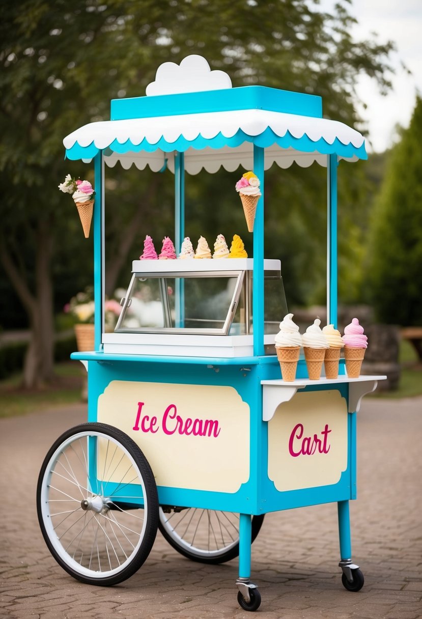 A vintage ice cream cart with assorted toppings and cones set up in a charming photo booth at a wedding