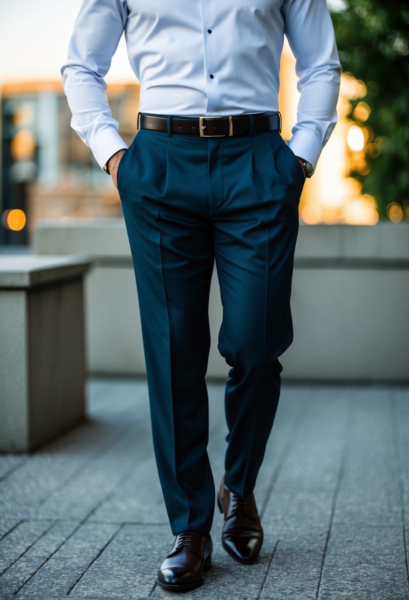 A pair of pleated dark dress pants paired with a crisp white dress shirt and a sleek belt, creating a sophisticated mens wedding outfit