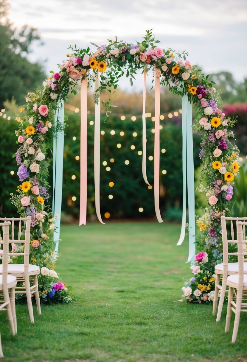 A whimsical wedding scene with a colorful outdoor garden, hanging fairy lights, and a whimsical arch made of flowers and ribbons