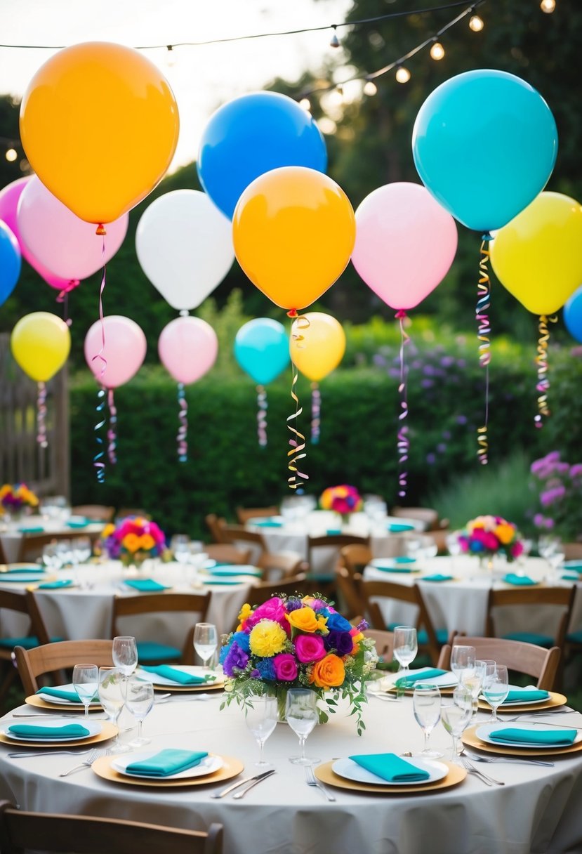 Colorful balloons float above a garden wedding, adding a whimsical touch to the scene. Tables are adorned with vibrant balloon centerpieces, creating a festive atmosphere