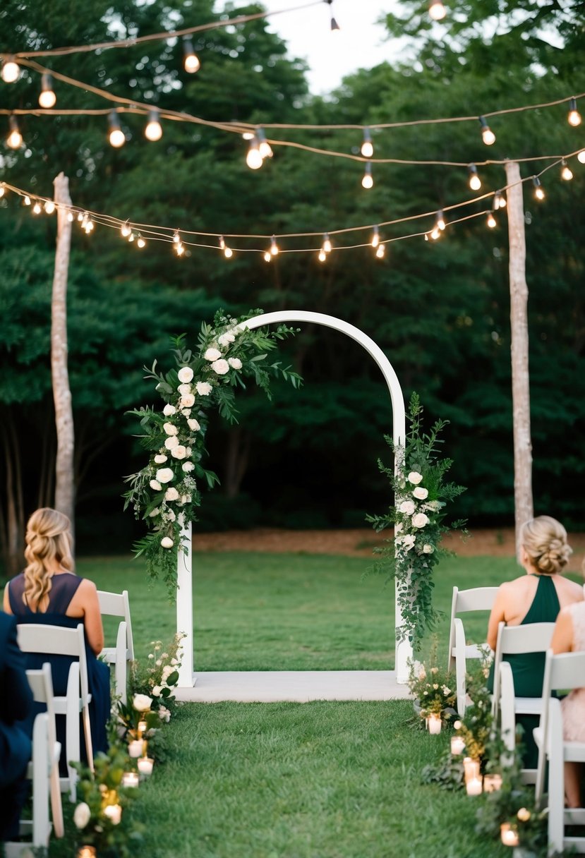 A cozy outdoor ceremony with a simple arch, surrounded by twinkling lights and lush greenery