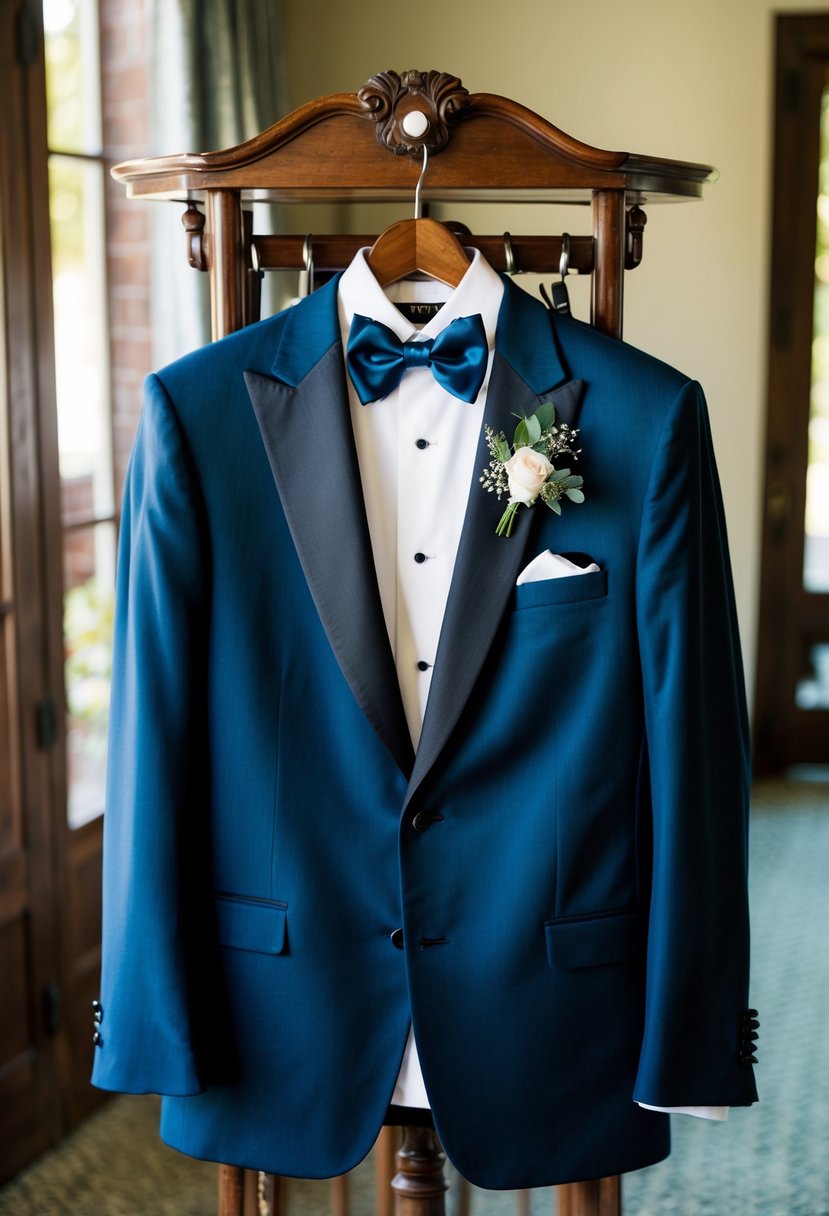 A groom's tuxedo hanging on a vintage wooden coat rack, surrounded by elegant bow ties, cufflinks, and a boutonniere