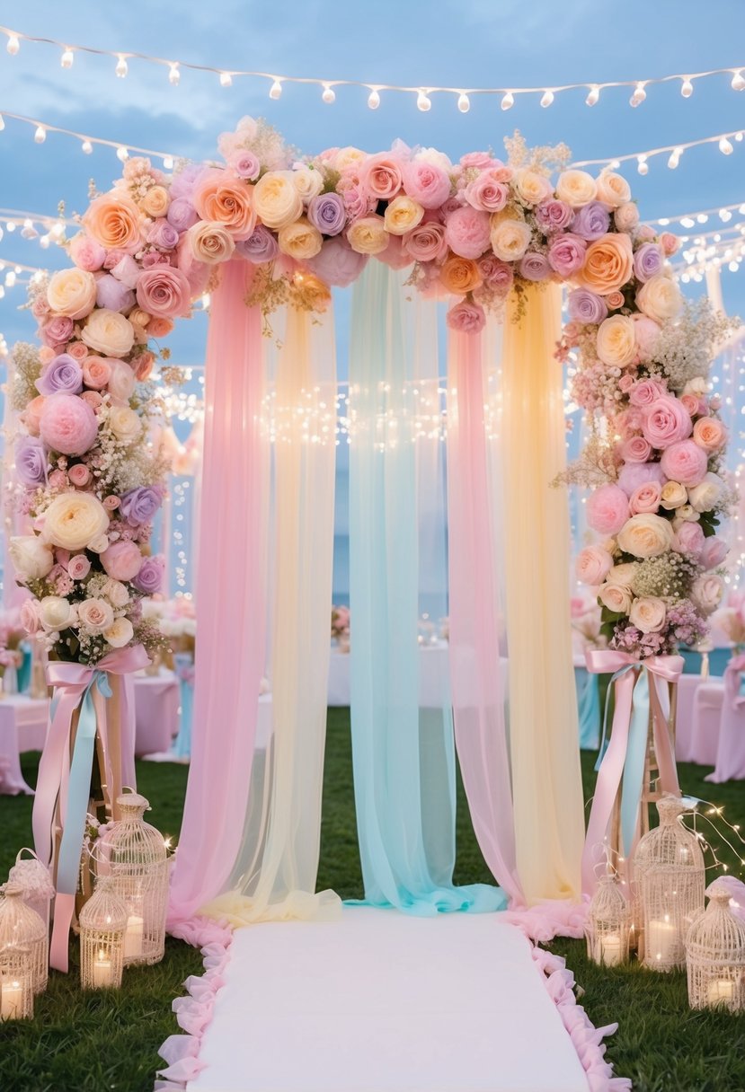 A pastel-colored wedding arch adorned with cotton candy hues flowers and ribbons, surrounded by twinkling fairy lights and whimsical decor