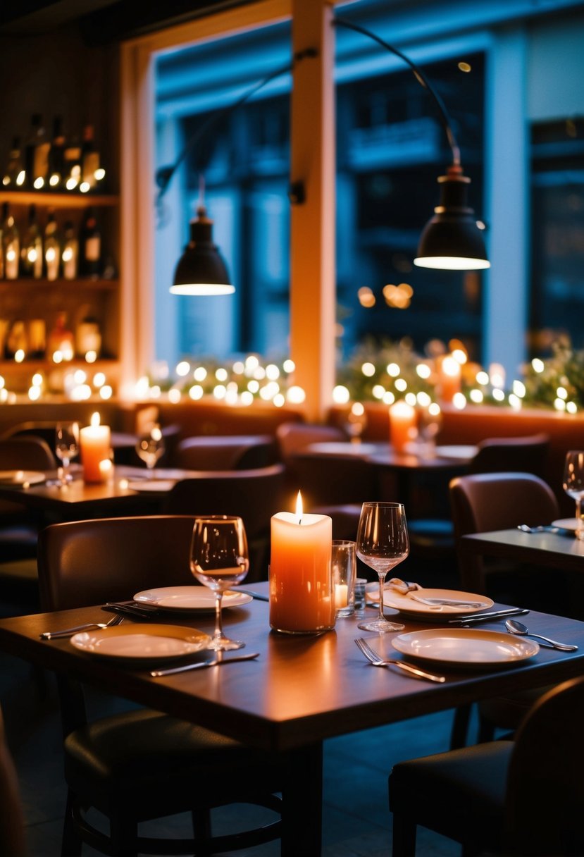 A small, candlelit restaurant with dim lighting and cozy seating arrangements