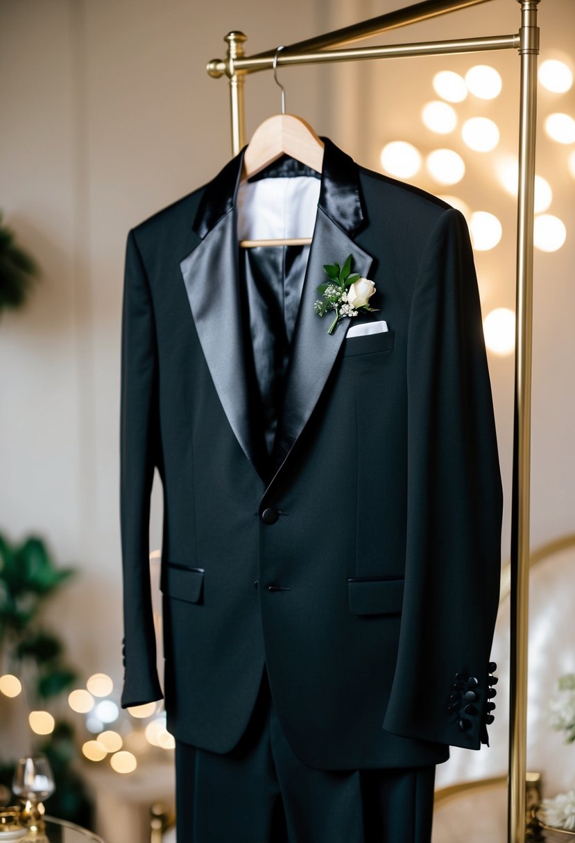 A classic black tuxedo with satin lapels hangs on a wooden hanger, surrounded by soft lighting and elegant accessories