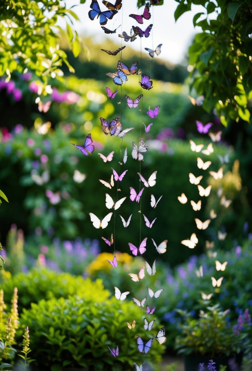 A garden adorned with fluttering butterflies, hanging from trees and scattered throughout the greenery, creating a whimsical and enchanting atmosphere