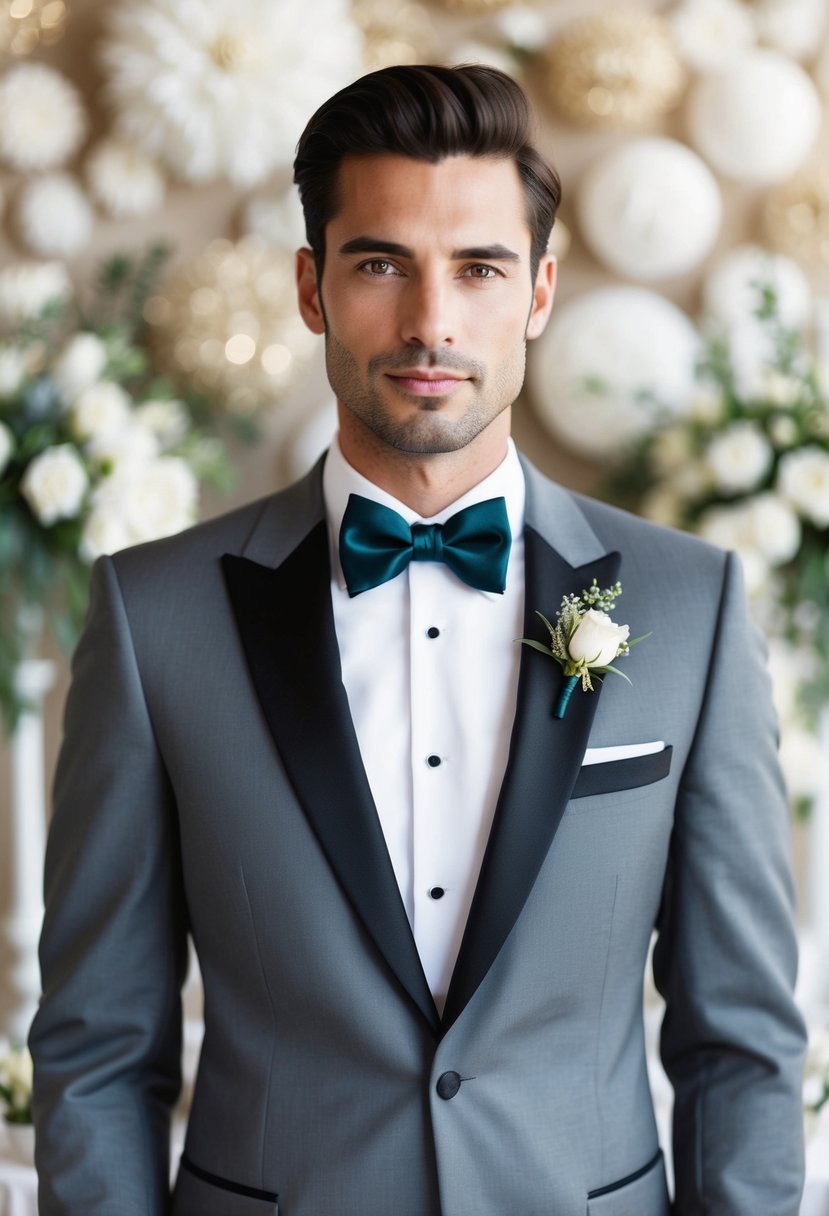 A sleek grey tuxedo with a matching bow tie, set against a backdrop of elegant wedding decor