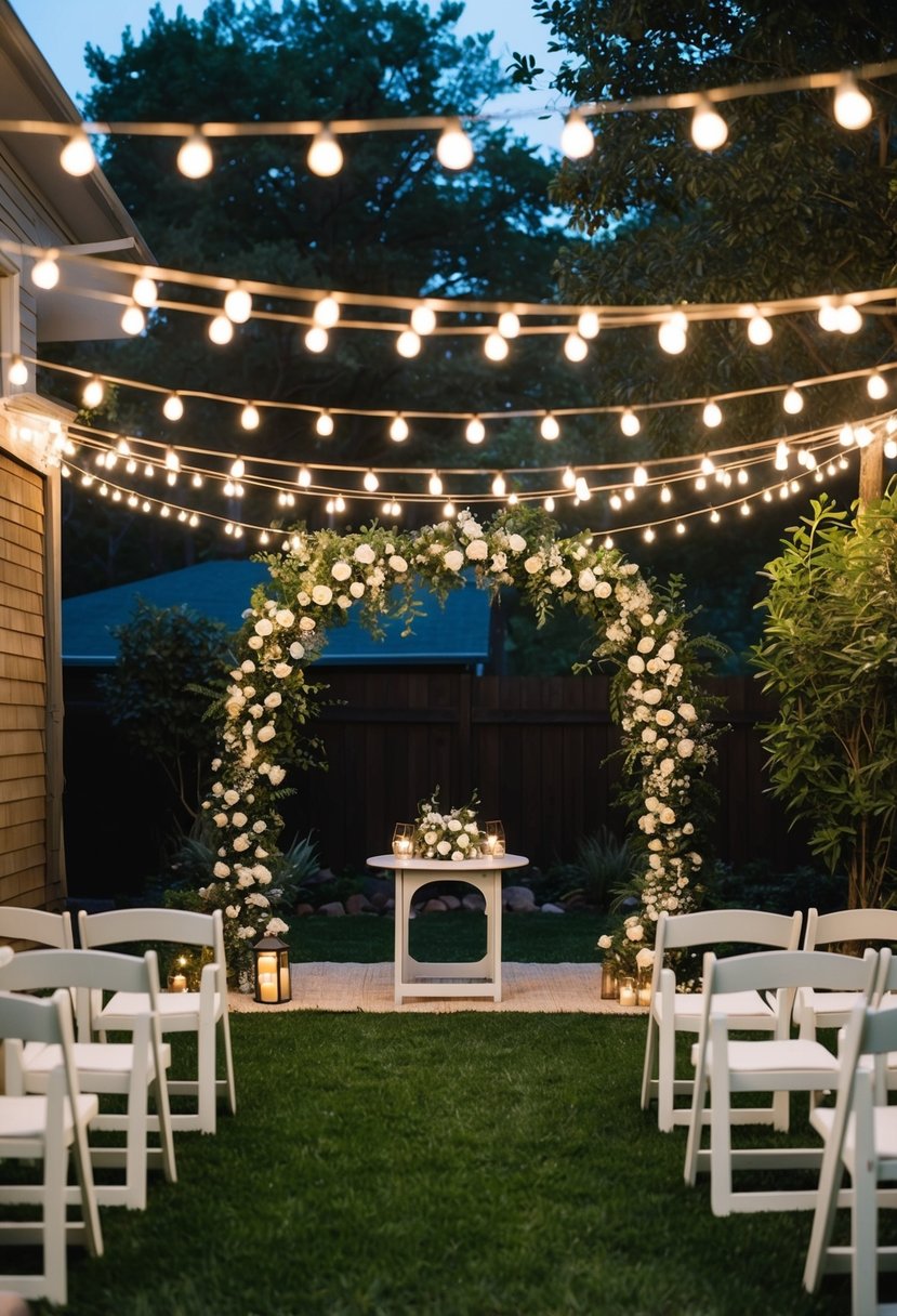 A cozy backyard set with twinkling lights, a floral arch, and intimate seating for a small wedding celebration