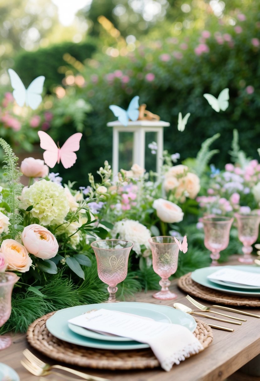 A garden-themed tablescape with pastel flowers, lush greenery, and delicate butterfly accents