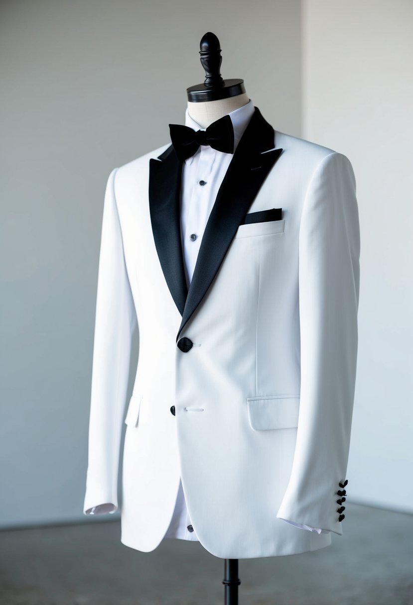 A sleek modern white tuxedo with black lapels and buttons, displayed on a mannequin against a clean, minimalist backdrop