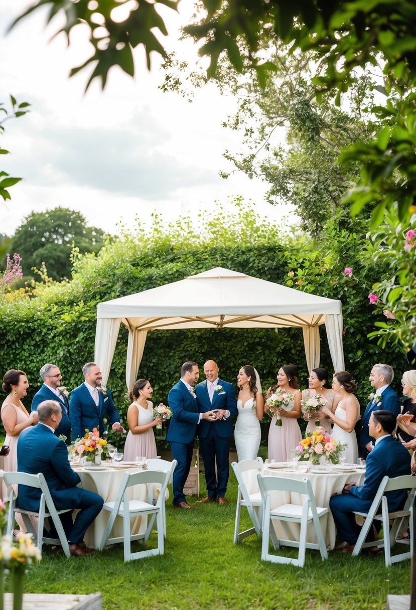 A small outdoor wedding with a few tables set up under a canopy, surrounded by lush greenery and colorful flowers. A small group of close family and friends are gathered around, celebrating the happy couple