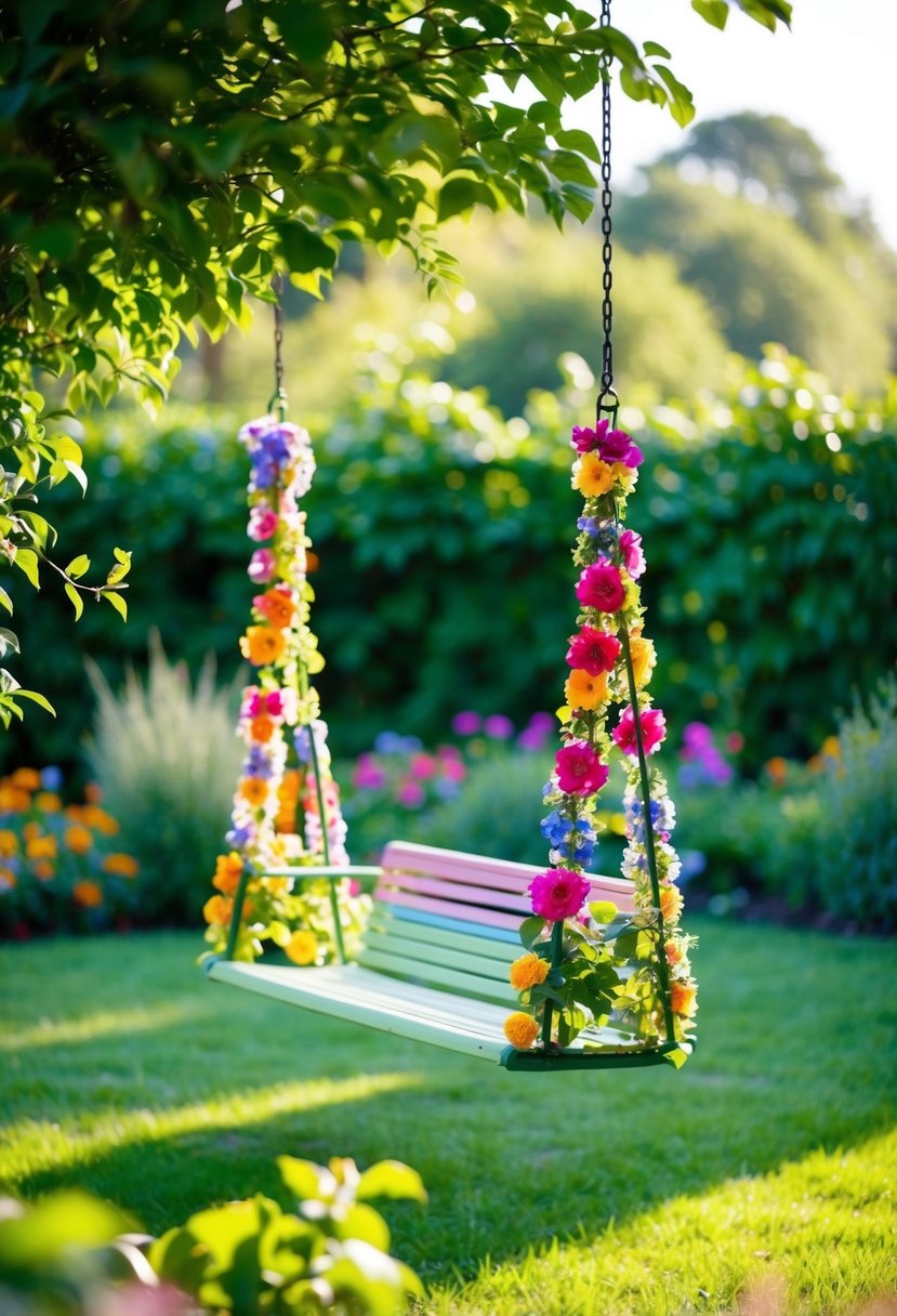 A garden with colorful floral swings, surrounded by lush greenery and soft sunlight