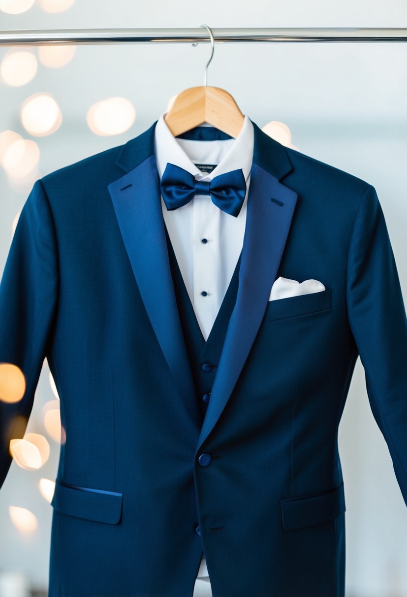 A navy blue tuxedo with a matching vest hangs on a wooden hanger against a white background