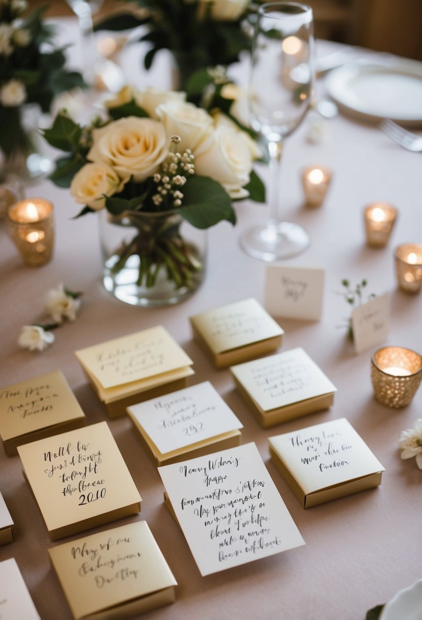 A table with personalized wedding favors and handwritten notes, surrounded by small wedding tips and decorations