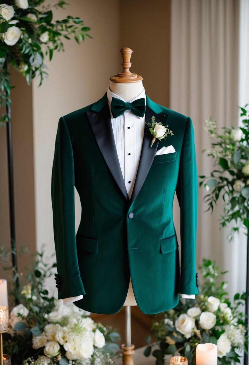 A hunter green velvet tuxedo draped over a mannequin, surrounded by elegant wedding decor and accessories