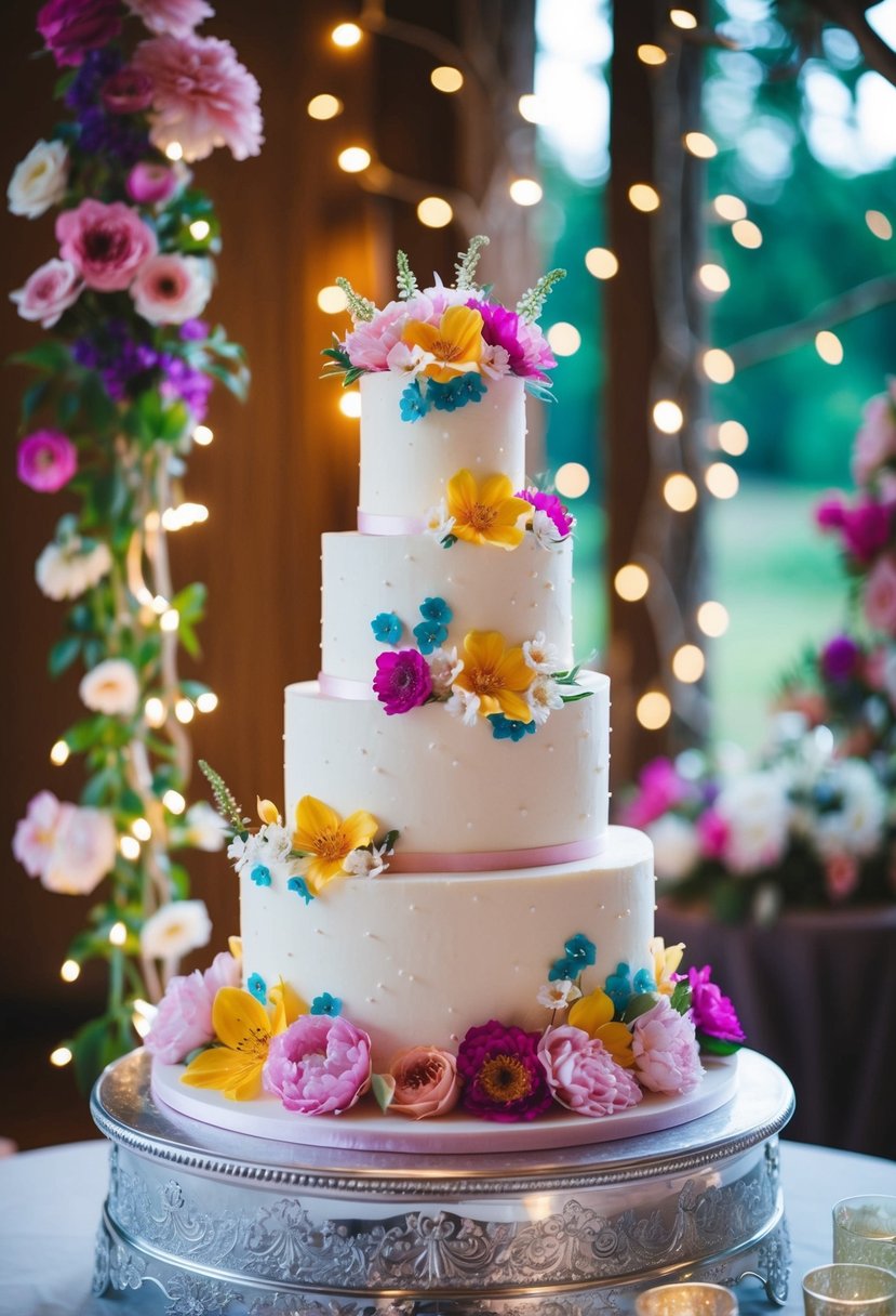 A multi-tiered sugar flower cake stands as the centerpiece of a whimsical wedding, surrounded by vibrant blooms and delicate fairy lights