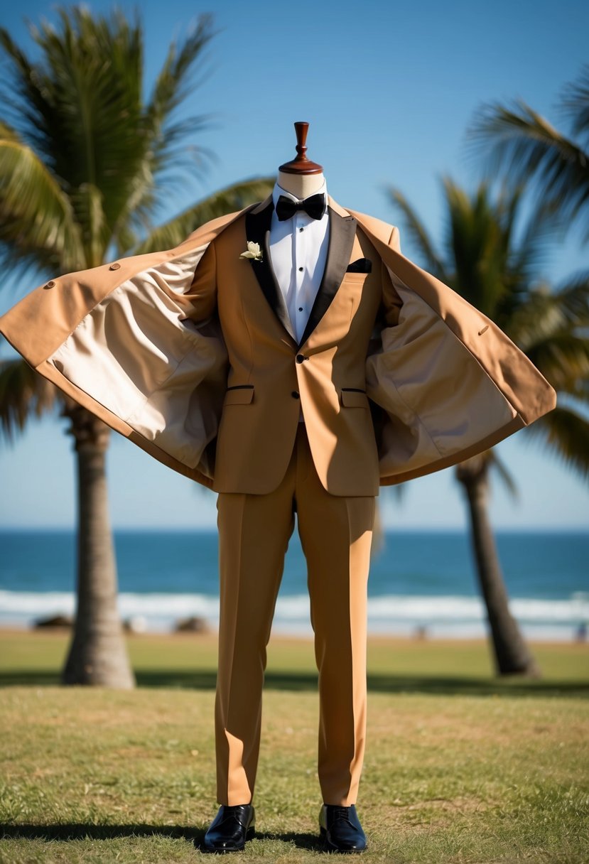 A tan Havana tuxedo billows in the breeze, set against a coastal backdrop with palm trees swaying in the wind