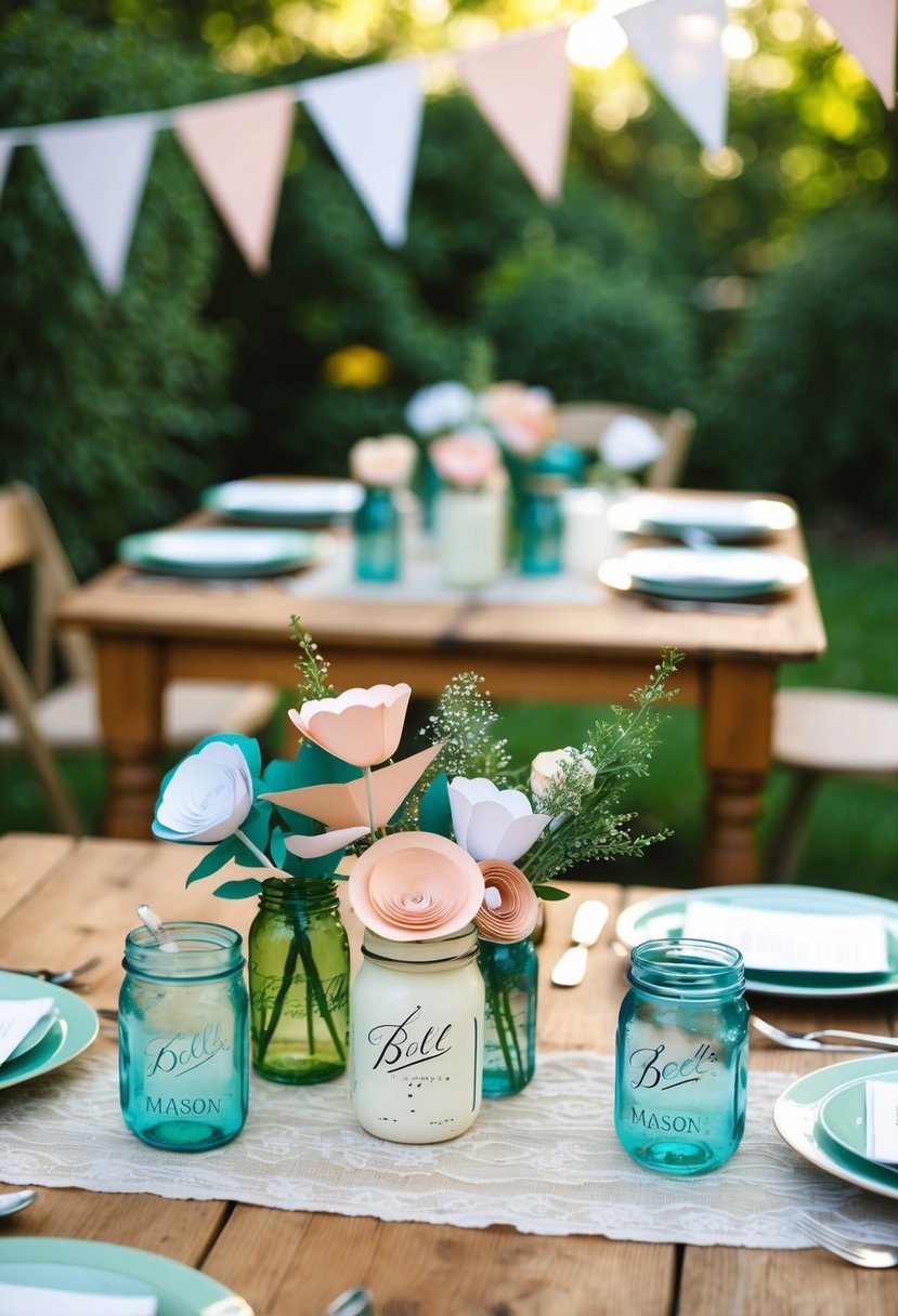 A cozy backyard wedding with homemade decorations: bunting, paper flowers, and mason jar centerpieces on wooden tables