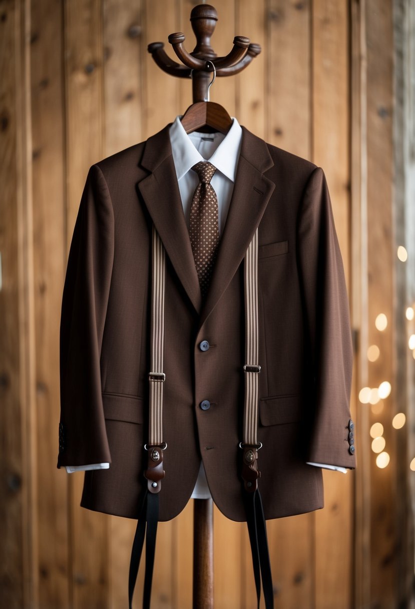 A brown suit with suspenders hanging on a vintage wooden coat rack