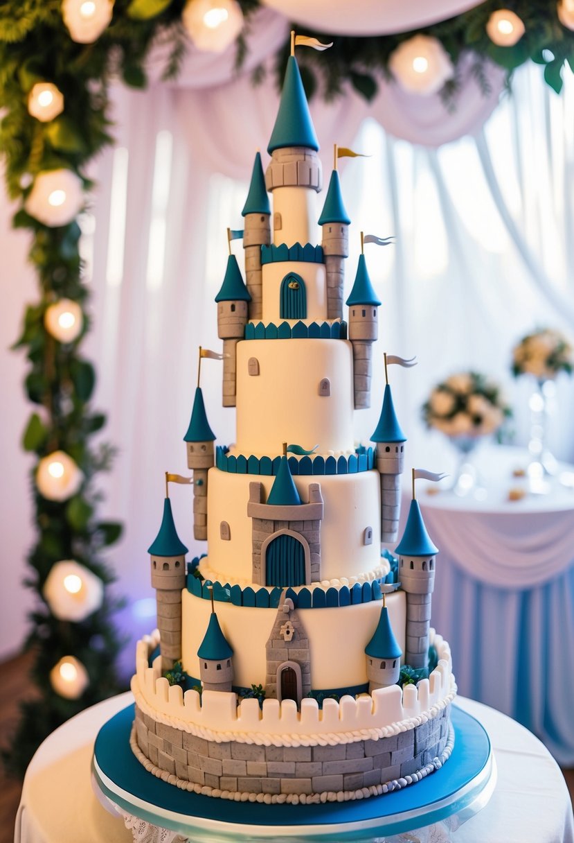 A towering cake resembling a fairytale castle, adorned with turrets, flags, and intricate details, set against a backdrop of whimsical wedding decor