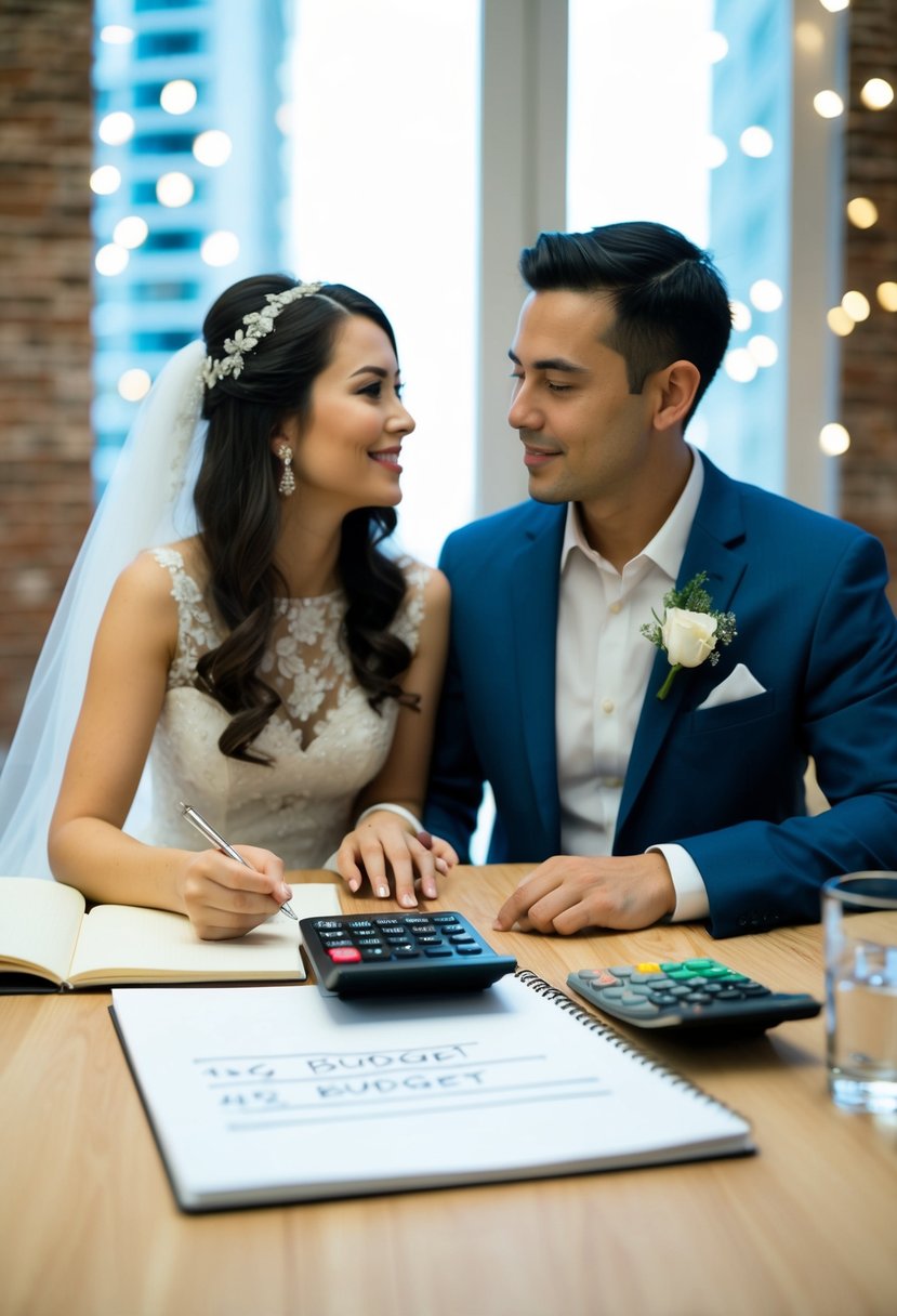 A couple sitting at a table with a calculator and notebook, discussing wedding expenses. A strict budget is written on a piece of paper