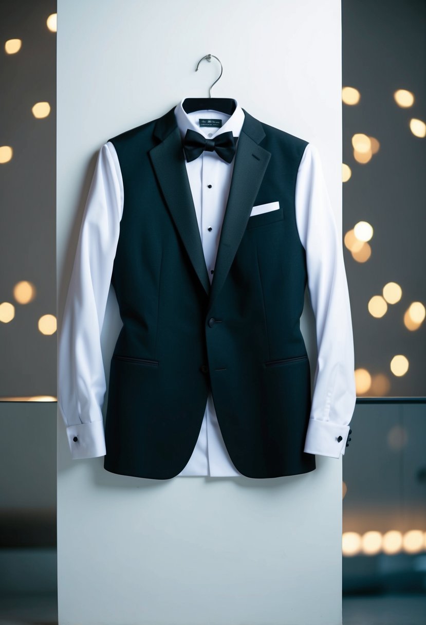 A tuxedo jacket with a crisp white shirt laid out on a clean, well-lit surface