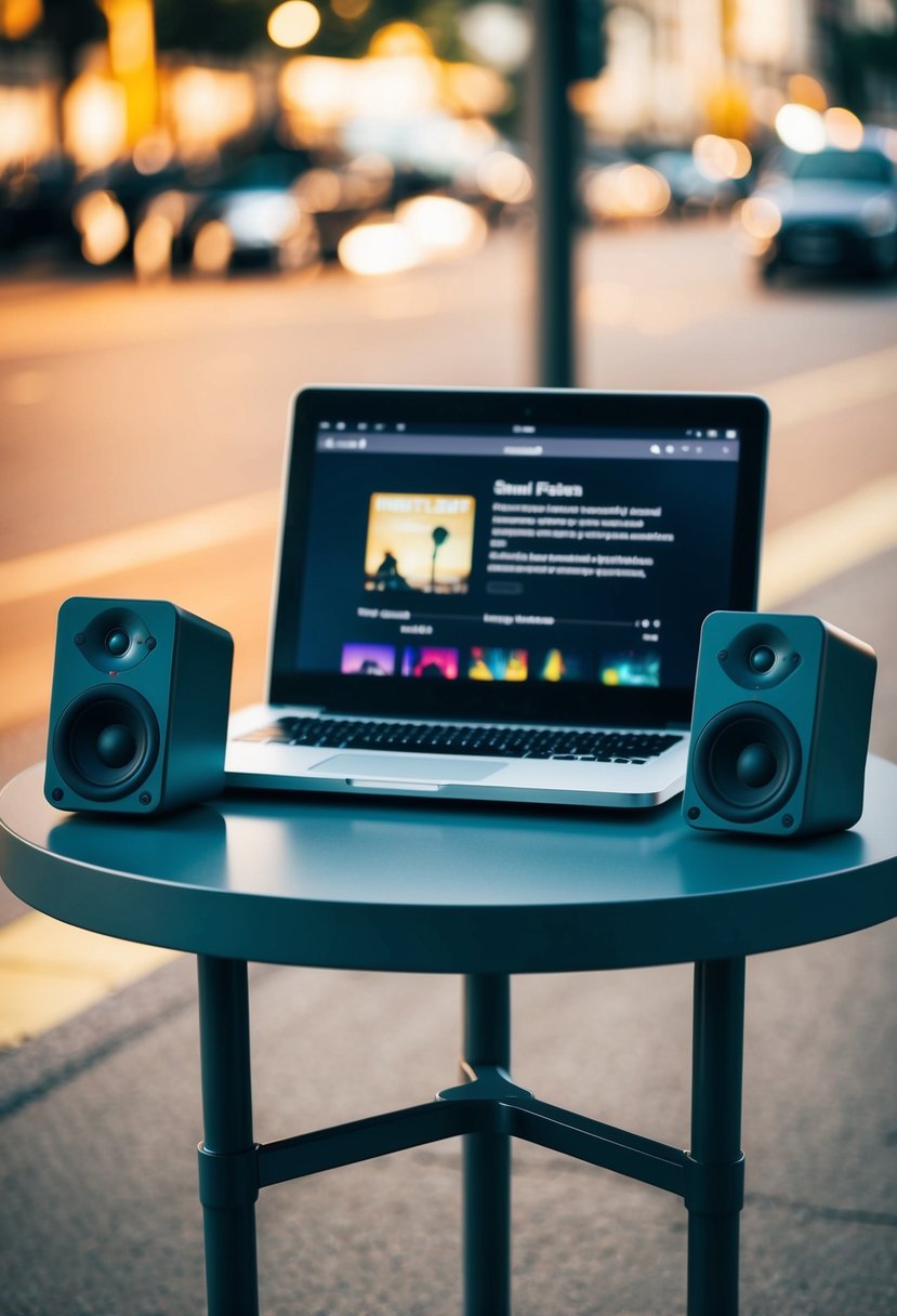 A small table with a laptop, speakers, and a playlist displayed on the screen