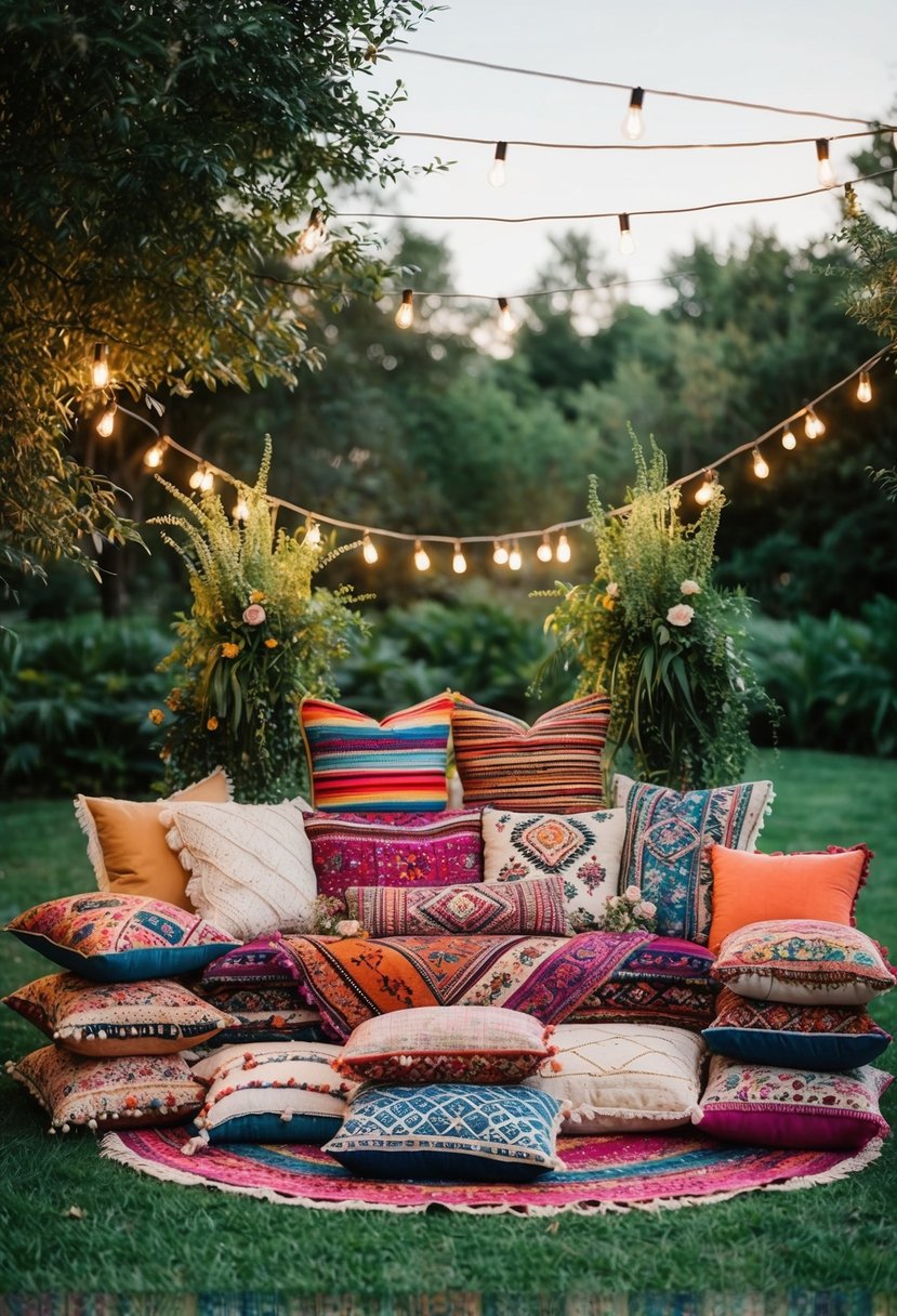 A colorful assortment of bohemian rugs and pillows arranged in an outdoor wedding setting, surrounded by lush greenery and twinkling fairy lights