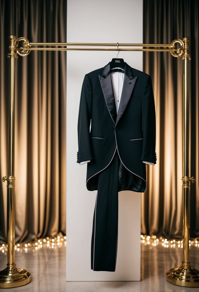 A sleek black tuxedo with a tailcoat hangs on a golden hanger against a backdrop of luxurious fabric and elegant lighting