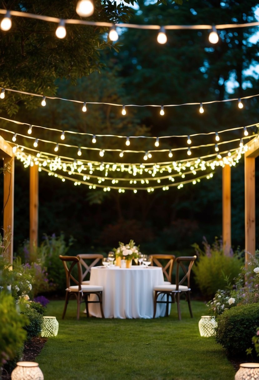 Glowing string lights drape over a garden, creating a whimsical and romantic atmosphere for a wedding celebration