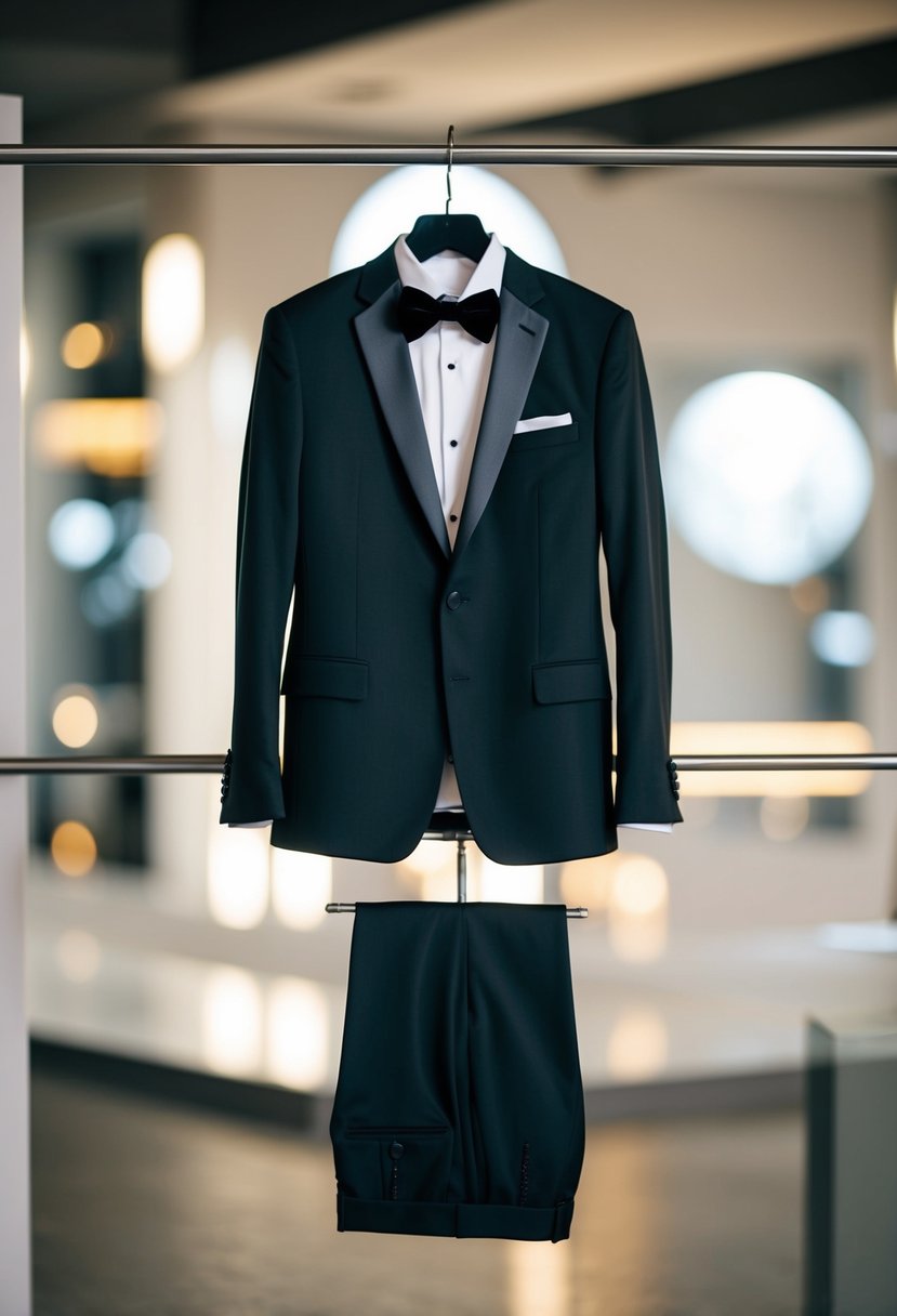 A sleek, black slim fit tuxedo jacket and pants on a hanger with a crisp white dress shirt and black bow tie draped over it