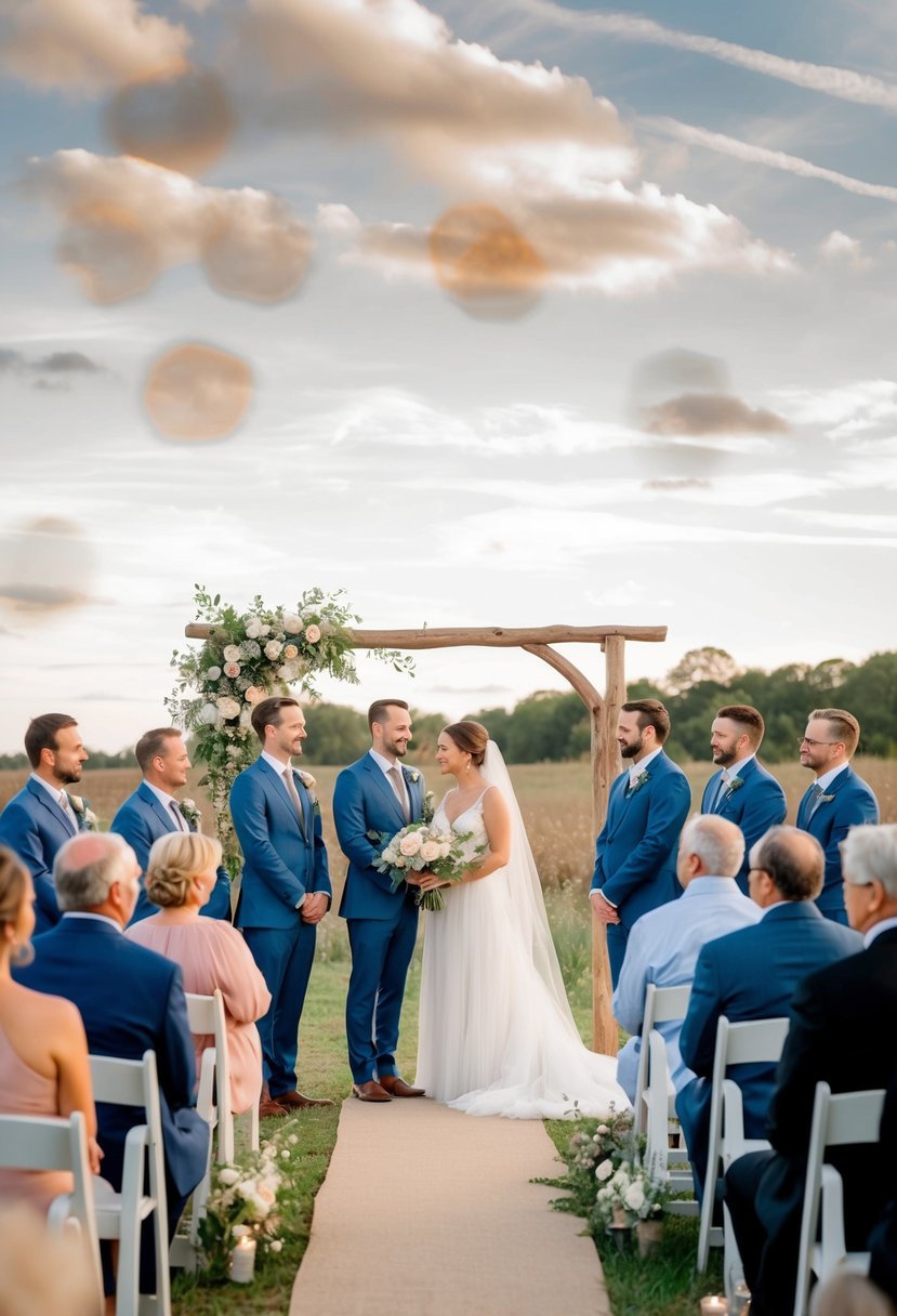 A serene, intimate wedding ceremony in a rustic setting on a weekday, with a small gathering of loved ones and simple, elegant decor