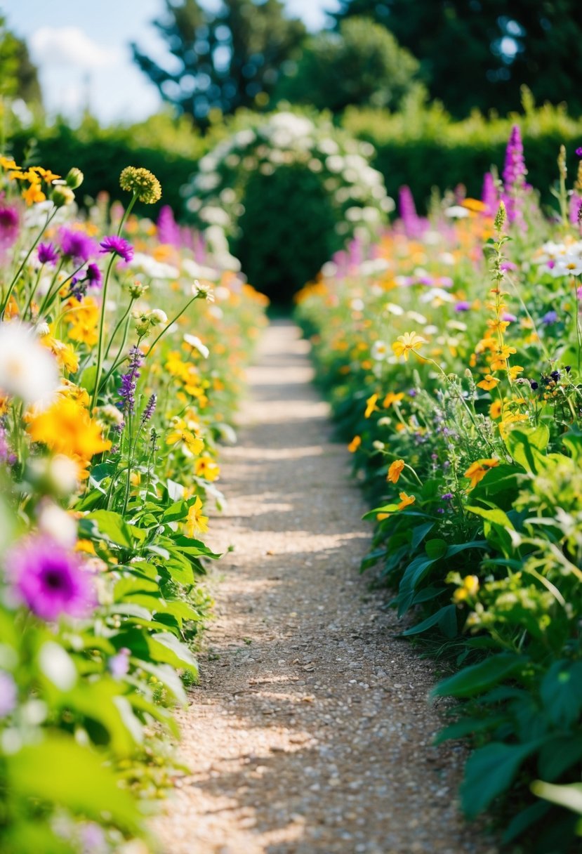 A lush garden path lined with vibrant wildflowers, creating a whimsical and romantic atmosphere for a wedding ceremony