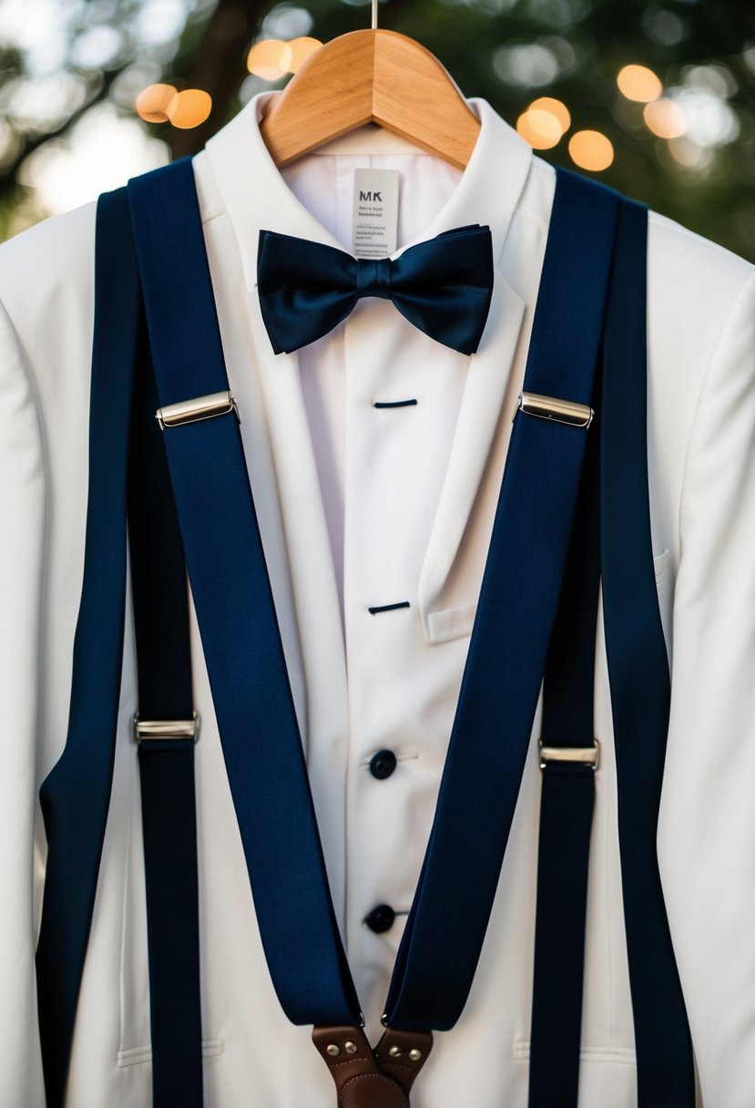 A groom's tuxedo hangs on a wooden hanger, with suspenders draped over the shoulders and the intricate detailing of the fabric and buttons on display