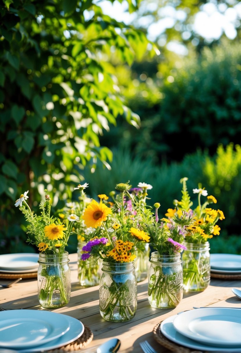 A table set with wildflowers in mason jars, surrounded by lush greenery and dappled sunlight