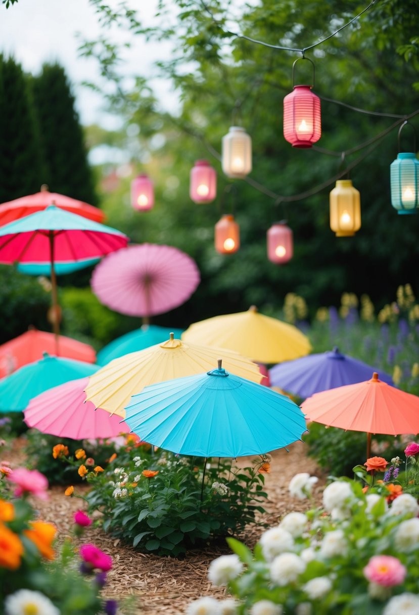 A garden scene with colorful wedding parasols scattered among blooming flowers and hanging lanterns