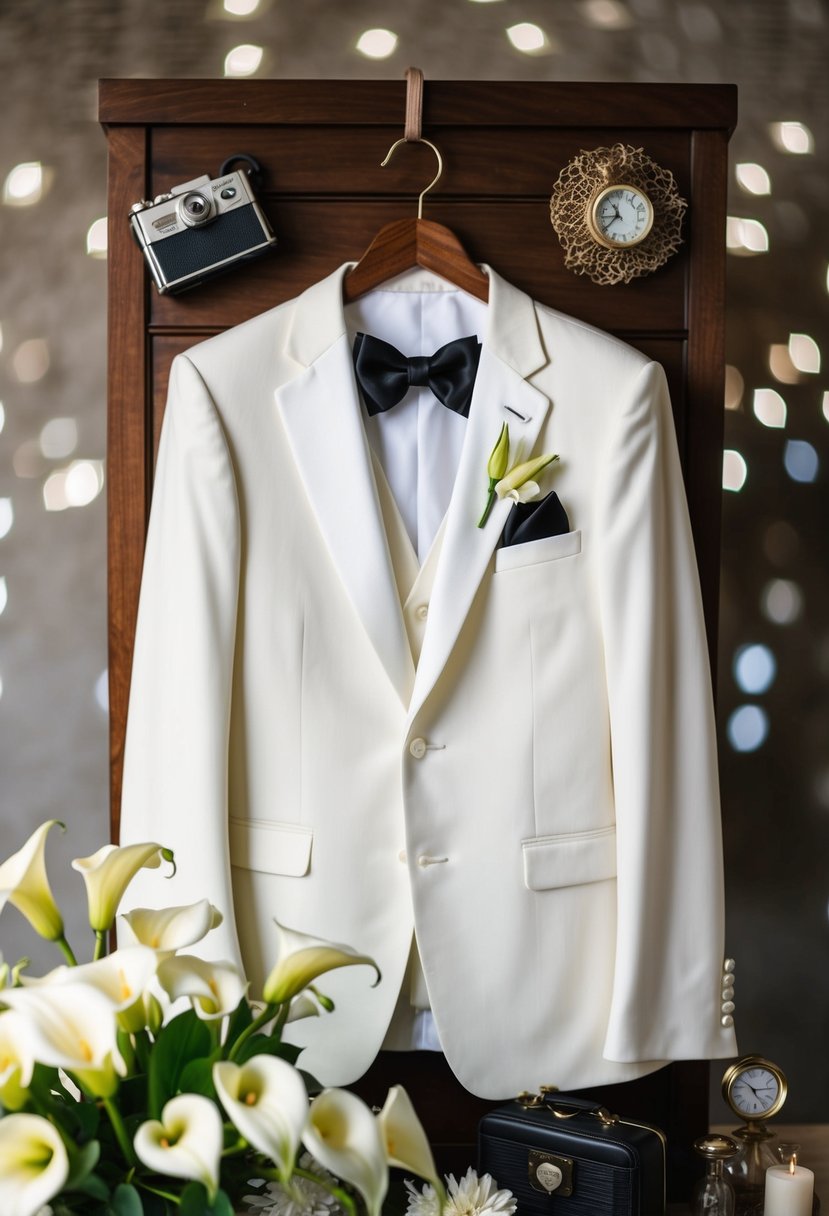 A sleek ivory tuxedo hanging on a custom-made wooden hanger, surrounded by vintage-inspired accessories and a bouquet of white calla lilies