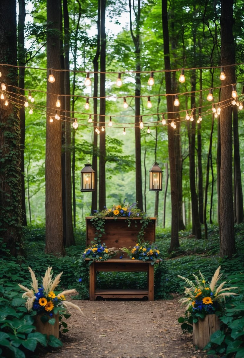 A lush forest clearing with twinkling fairy lights, hanging lanterns, and a rustic wooden altar adorned with wildflowers and ivy