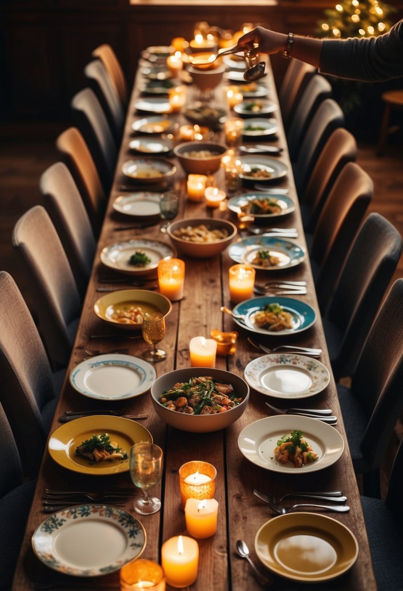 A long wooden table set with mismatched plates and bowls, surrounded by cozy chairs and lit by warm candlelight, with steaming dishes of food being passed around