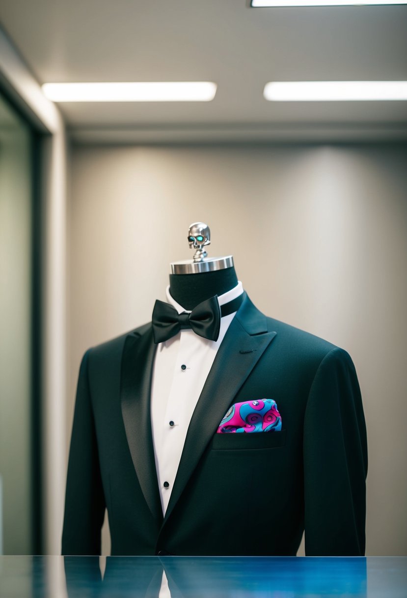 A black tuxedo with a vibrant, colorful pocket square rests on a sleek, polished surface