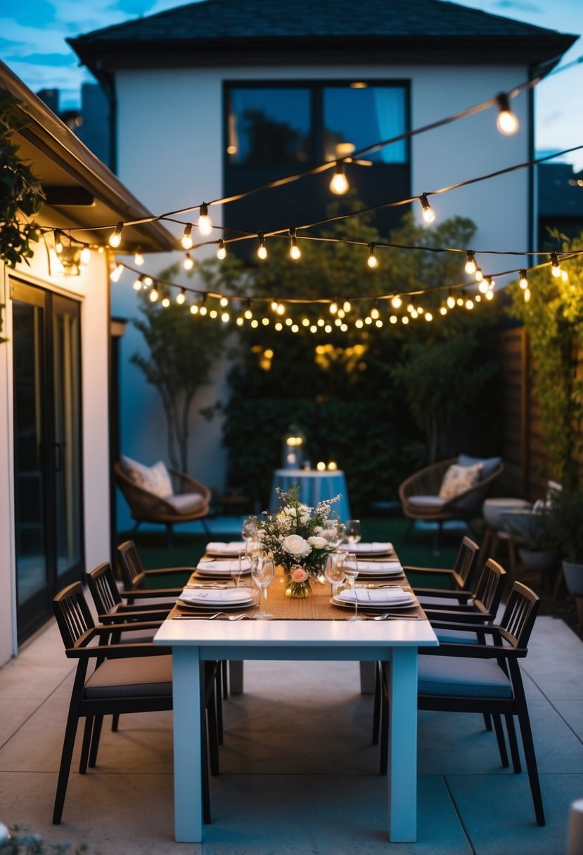 A cozy, modern Airbnb with a chic outdoor patio, string lights, and a beautifully set table for an intimate wedding celebration