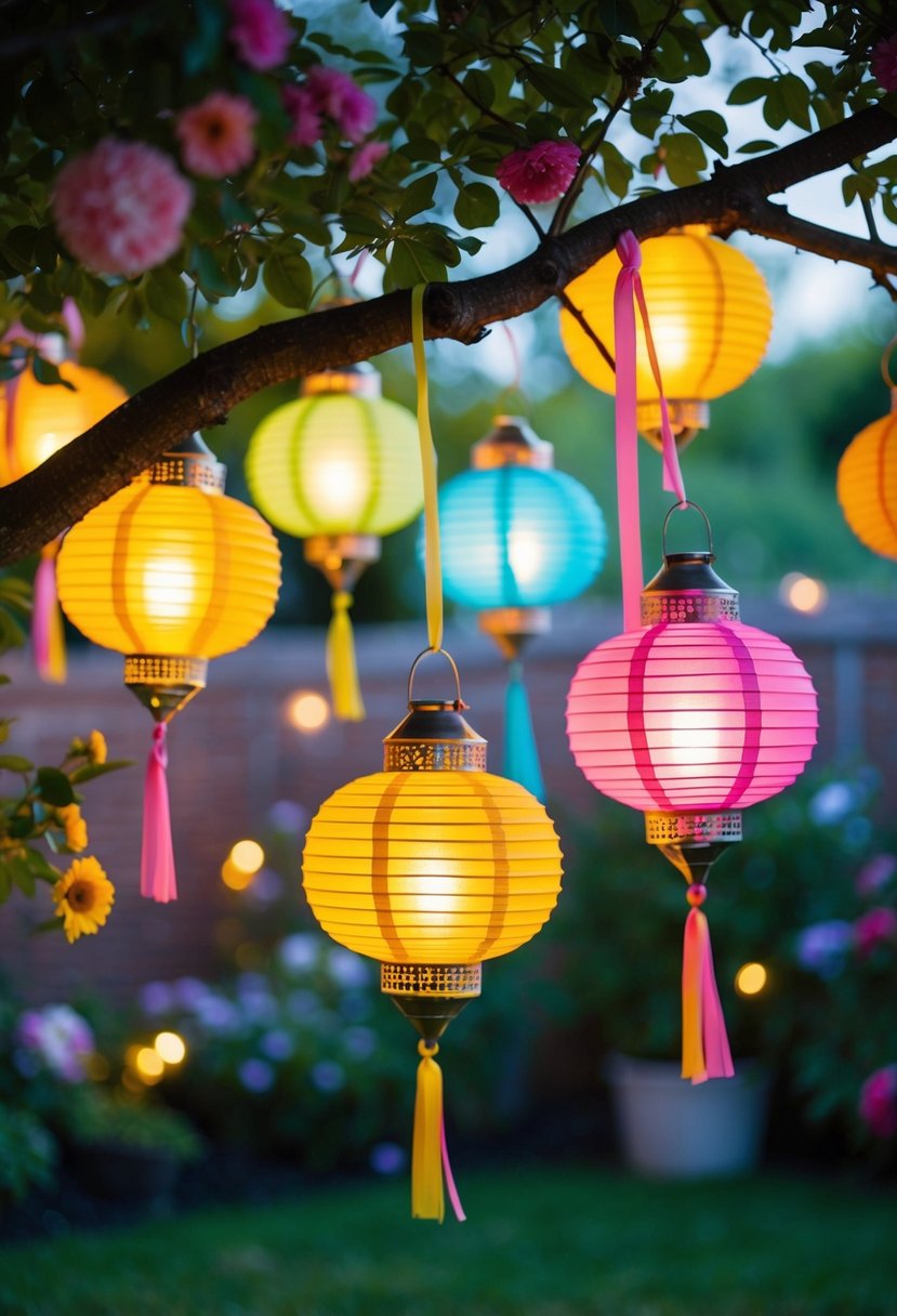 Colorful lanterns dangle from tree branches, casting a warm glow over a garden. Flowers and ribbons add to the whimsical atmosphere