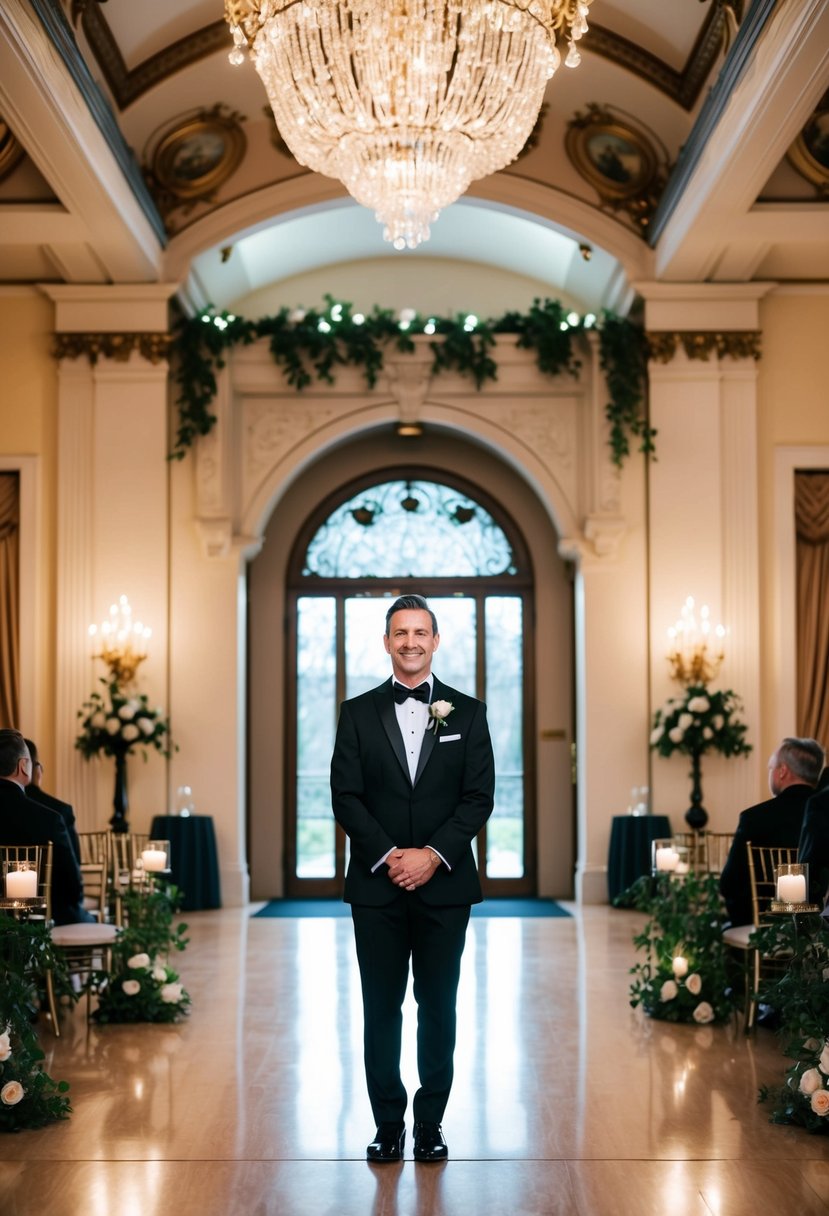 A groom in a black tie formal tuxedo, standing in front of a grand ballroom entrance with ornate decorations and elegant lighting