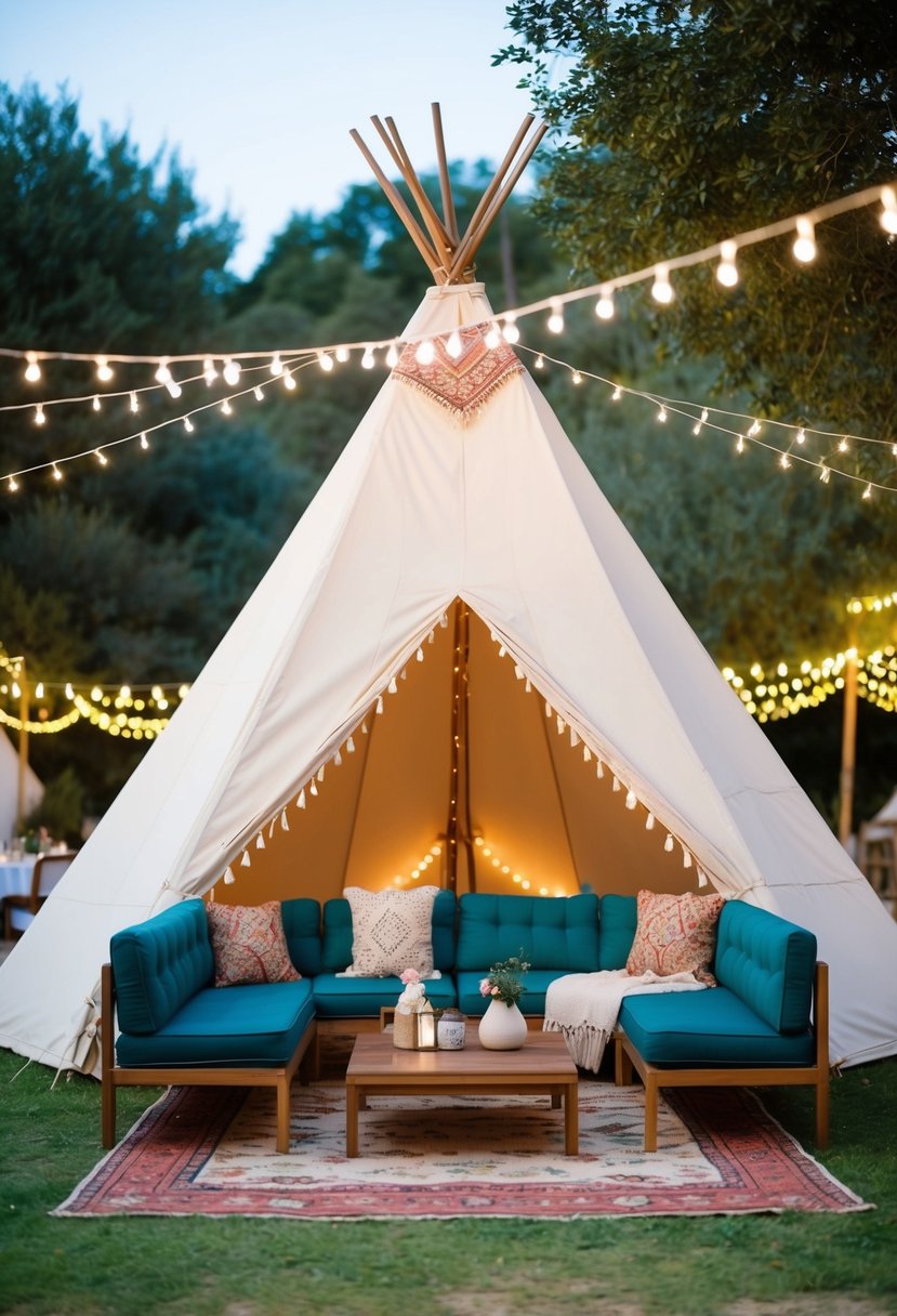 A cozy teepee lounge area with bohemian decor and fairy lights, set in a whimsical outdoor wedding venue