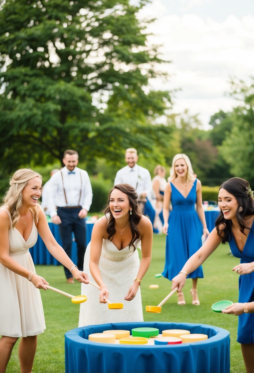 Guests playing lawn games at a small wedding, laughing and engaging with each other. Tables are set with interactive game options for guests to enjoy