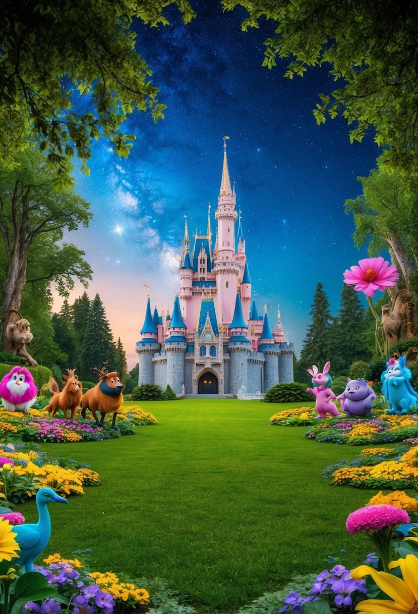 A lush forest clearing with colorful flowers, fairytale creatures, and a grand castle in the background, all under a magical, starry sky