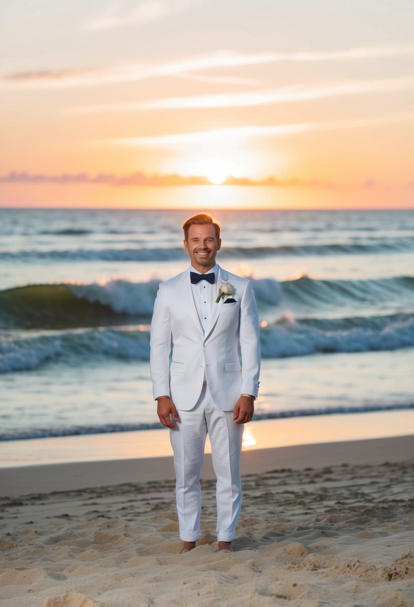 A beach wedding with a linen tuxedo, surrounded by sand, waves, and a romantic sunset