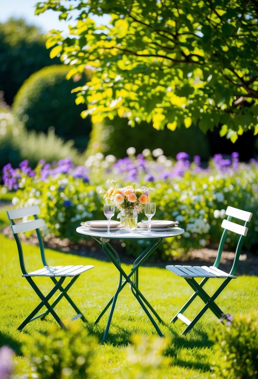 A sunny garden with a small, elegantly set table surrounded by blooming flowers and dappled by dappled sunlight