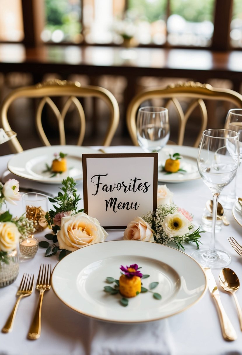 A table with a few elegant dishes, surrounded by small wedding decor and flowers, with a sign that says "Favorites Menu"