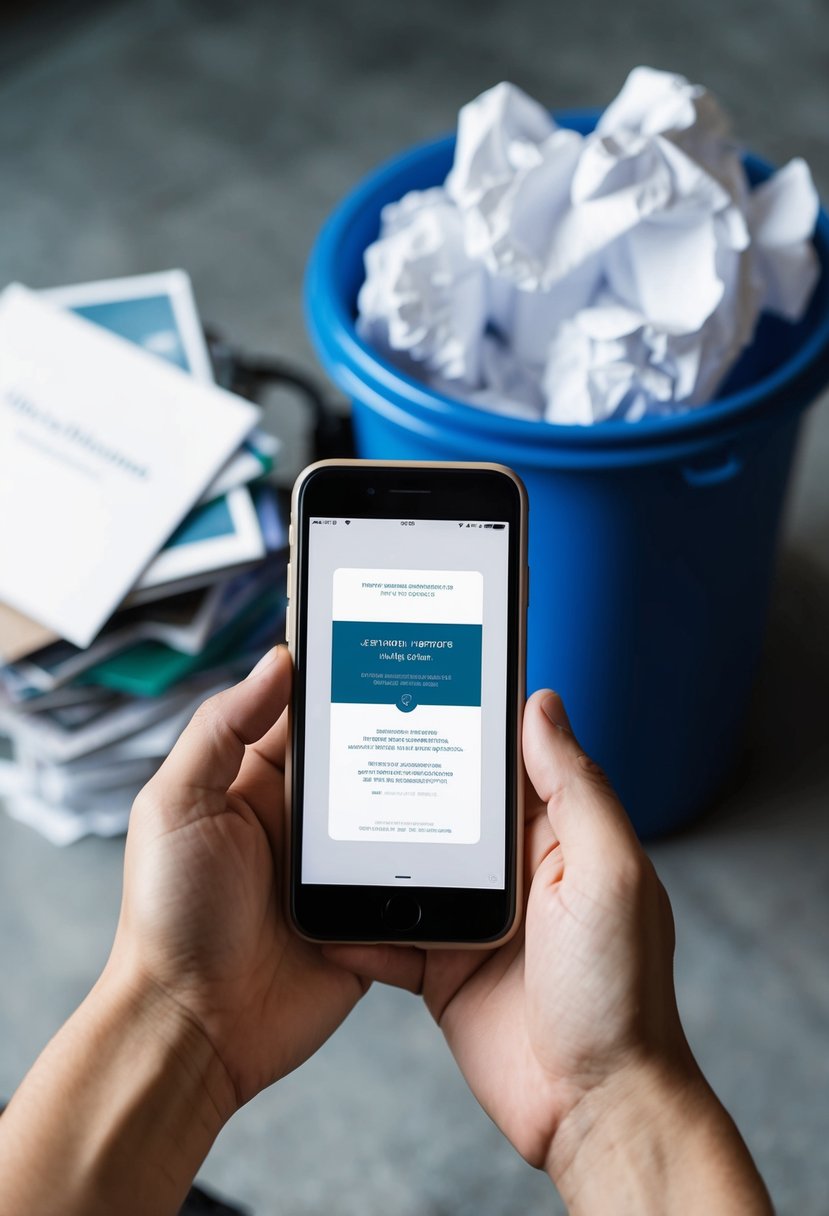 A hand holding a smartphone with a digital invitation displayed on the screen, surrounded by a pile of crumpled paper and a recycling bin